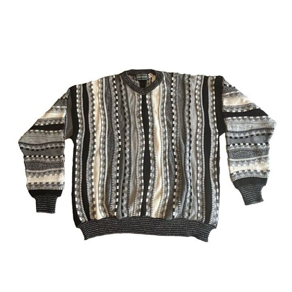 XL Men CAMPUS Black Gray White 3D Cable Knit Rare Vintage 80s Crew‎ Neck Sweater